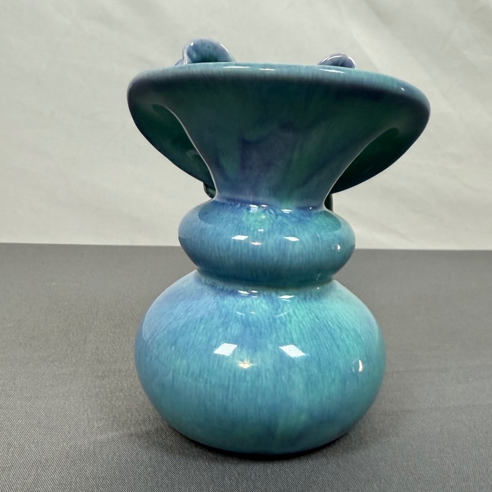 Turquoise‎ Blue Ceramic Bow Vase Vintage Studio Pottery Unique Accent Decor - Picture 3 of 8